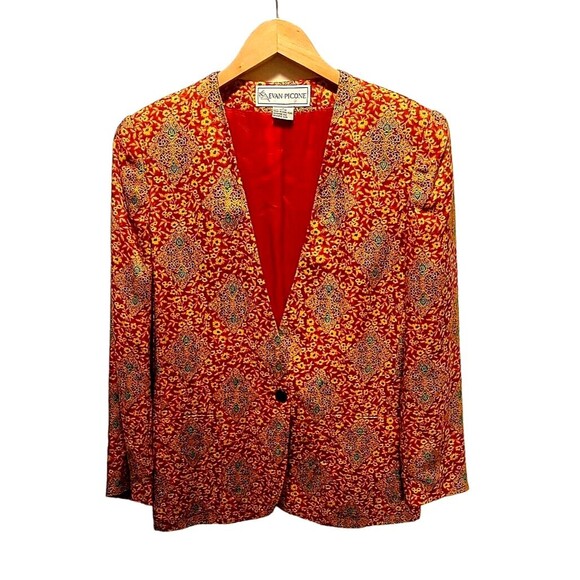 Vintage Evan Picone Women’s Red Empire Print Single Button Blazer Jacket Size 12 - Picture 3 of 10